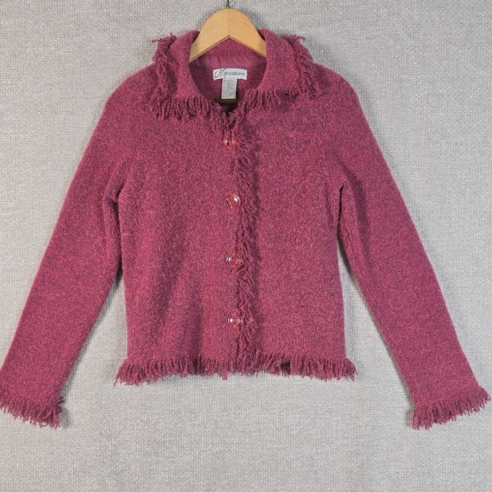 VTG Dressbarn Pink Knit Button Front Cardigan Shag Fringe Trim Sweater Size M‎